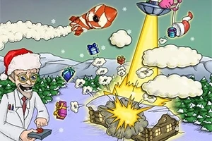 サンタ帽をかぶった男性がリモコンを操作し、空飛ぶ魚やUFOがクリスマスプレゼントを弾道する雪景色の中、家が爆発しているシーン。