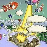 サンタ帽をかぶった男性がリモコンを操作し、空飛ぶ魚やUFOがクリスマスプレゼントを弾道する雪景色の中、家が爆発しているシーン。