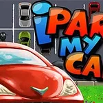 赤い車と駐車場のイラストに「i PARK MY CAR」という文字が配置されているデザイン。
