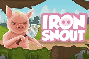 豚のキャラクターが斧を持って立っている森の背景と「IRON SNOUT」の文字。