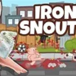 豚のキャラクターが斧を持って立っている森の背景と「IRON SNOUT」の文字。