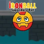 赤と黄色のスーパーヒーロー風デザインのボールが水辺に浮かんでいる。