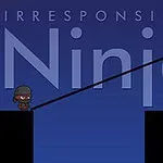 青い背景に黒い服を着た小さな忍者キャラクターが棒を持ち、二つのプラットフォームの間に立っている。