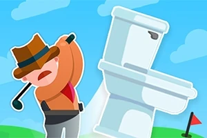 帽子をかぶったキャラクターがトイレに向かってゴルフクラブを振っているイラスト。