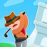 帽子をかぶったキャラクターがトイレに向かってゴルフクラブを振っているイラスト。