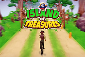 海賊の帽子をかぶったキャラクターが緑豊かな道を走っている様子と、「Island of Treasures」のタイトルロゴ。