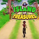 海賊の帽子をかぶったキャラクターが緑豊かな道を走っている様子と、「Island of Treasures」のタイトルロゴ。