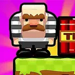 カートゥーンスタイルの囚人がTNT爆弾の横に立っている、ピンクの背景のイラスト。