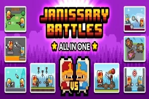 紫色の背景に、ピクセルアート風のキャラクターと様々なミニゲームのシーンが並んでいるイラスト。