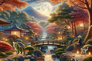 満月が昇る山を背景に、紅葉の木々と灯籠に照らされた日本庭園の小川に石橋が架かり、動物たちが佇む幻想的な夜景。