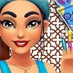 青いターバンを巻いた笑顔の女性が、手にカラフルなペンを持っている。