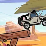 砂漠の風景の中で、木の上をジャンプするジープのイラスト。