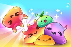 カラフルで光沢のあるスライムのキャラクターたちが笑顔で集まり、背景に星が輝いているイラスト。