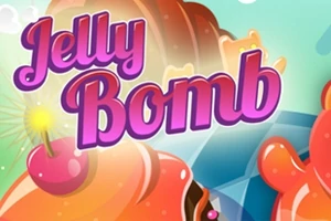 カラフルな背景に、「Jelly Bomb」と書かれたピンク色の文字とチェリーのイラストがあります。