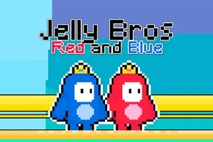 青と赤のキャラクターが並び、頭に冠をかぶって立っている。