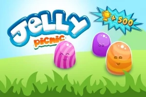 色とりどりのゼリーのキャラクターが草の上に並び、背景には「Jelly Picnic」と文字が書かれた明るいデザイン。