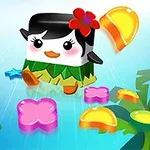 花の髪飾りをつけたペンギンのキャラクターが、色とりどりの星や花の形をしたアイテムの中で浮かんでいる。