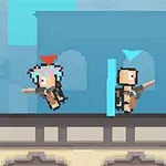 青い背景の建物の上で、ピクセルアートスタイルの二人のキャラクターが武器を持って向き合っている。