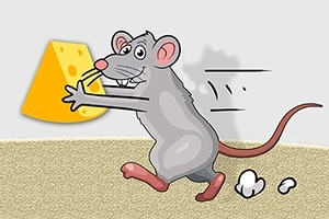 チーズを持って走るネズミのイラスト。