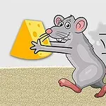 チーズを持って走るネズミのイラスト。