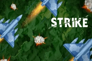青い戦闘機が緑の背景を飛ぶ様子と「STRIKE」の文字。