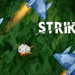 青い戦闘機が緑の背景を飛ぶ様子と「STRIKE」の文字。