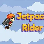 二人のキャラクターがジェットパックを背負い、青空に浮かぶ雲の間を飛んでいるイラスト。