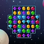 カラフルな宝石がグリッド状に並び、背景には星空と惑星が描かれた画像。