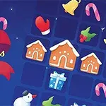 青い背景にジンジャーブレッドハウスやプレゼントのイラストが描かれたクリスマステーマのデザイン。
