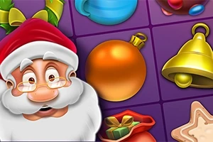 サンタクロースのイラストと多彩なクリスマスオーナメントが並ぶカラフルな画像。