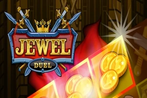 剣と王冠で飾られた「JEWEL DUEL」のロゴと金貨が描かれている色鮮やかなイメージ。