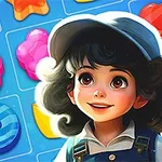 青い帽子をかぶった笑顔の女の子とカラフルなお菓子のパズル。