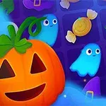 ハロウィンテーマのイラストには、笑顔のジャック・オー・ランタン、青いゴースト、キャンディ、魔女の帽子、手のパーツが描かれています。