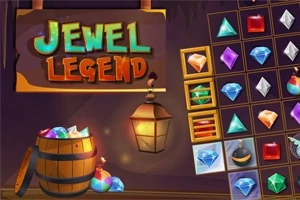 木製の看板に「Jewel Legend」と描かれており、カラフルな宝石が樽やマス目に並んでいる。