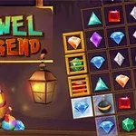 木製の看板に「Jewel Legend」と描かれており、カラフルな宝石が樽やマス目に並んでいる。
