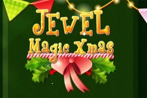 緑色の背景にカラフルな旗と電飾があり、「Jewel Magic Xmas」という文字の下に、赤いリボンとヒイラギが飾られている画像。