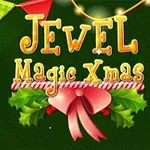 緑色の背景にカラフルな旗と電飾があり、「Jewel Magic Xmas」という文字の下に、赤いリボンとヒイラギが飾られている画像。