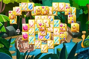 ジャングルの背景に、色とりどりの宝石が描かれたタイルが積み重なっている。