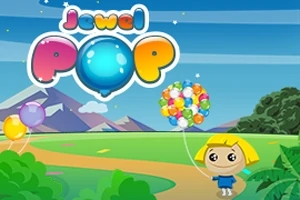 カラフルな風船を持った金髪のキャラクターと「Jewel POP」という文字が空に浮かんでいる風景。