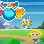 カラフルな風船を持った金髪のキャラクターと「Jewel POP」という文字が空に浮かんでいる風景。