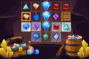 宝石やアイテムが並んだパズルボードと、下に宝石が溢れる宝箱と樽が配置されているイラスト。