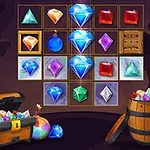 宝石やアイテムが並んだパズルボードと、下に宝石が溢れる宝箱と樽が配置されているイラスト。