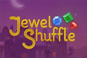 紫色の夜空を背景に、黄色で「Jewel Shuffle」と書かれたタイトルと青、緑、赤の宝石が描かれている。
