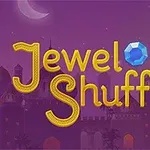 紫色の夜空を背景に、黄色で「Jewel Shuffle」と書かれたタイトルと青、緑、赤の宝石が描かれている。