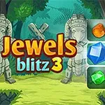 ジャングルの背景に石像が並び、カラフルな宝石が配置されたパズルが描かれている。