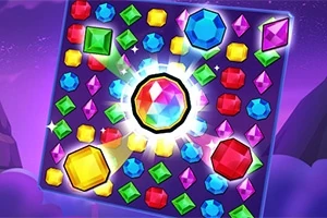 色とりどりの宝石が並んだボード上で中央の宝石が輝いているデザイン。