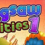 カラフルな背景に「Jigsaw Cities 1」と書かれたパズルのデザイン。