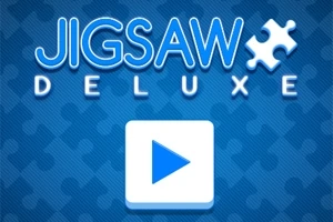 青色の背景に大きな白い三角形の再生ボタンと、「JIGSAW DELUXE」というテキスト、白いパズルピースのアイコンがあります。