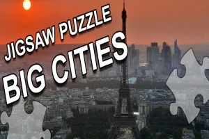 エッフェル塔を背景に「ジグソーパズル ビッグシティーズ」と書かれたテキストがある夕焼けの都市景観。