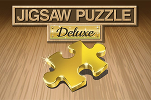 金色のジグソーパズルのピースと「Jigsaw Puzzle Deluxe」の文字が木目調の背景に描かれている。